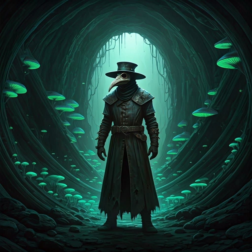 Epic Plague Doctor in a Haunting Mad Max Cave