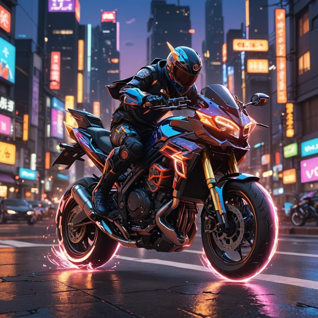 Anime Motorcycle Speeds Through Neon Cityscape