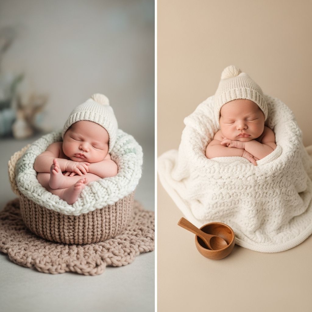 Newborn Baby in Knitted Basket with Pastel Colors