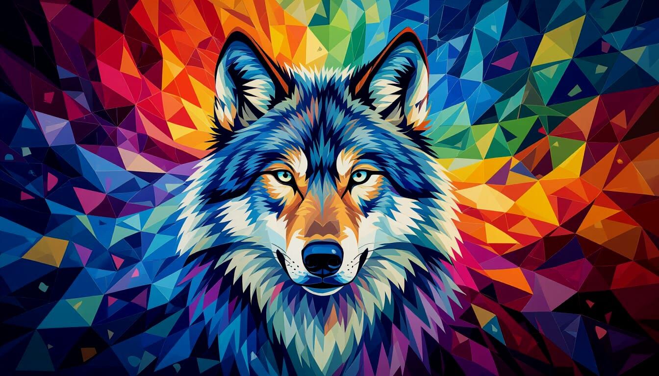 Psychedelic Wolf Mosaic with Neuroplastic Synesthesia Art