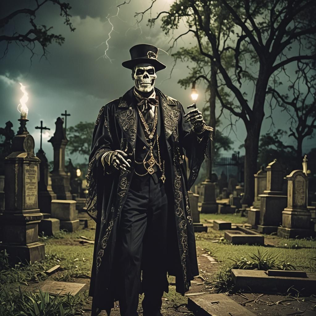 Baron Samedi in Graveyard During Thunderstorm