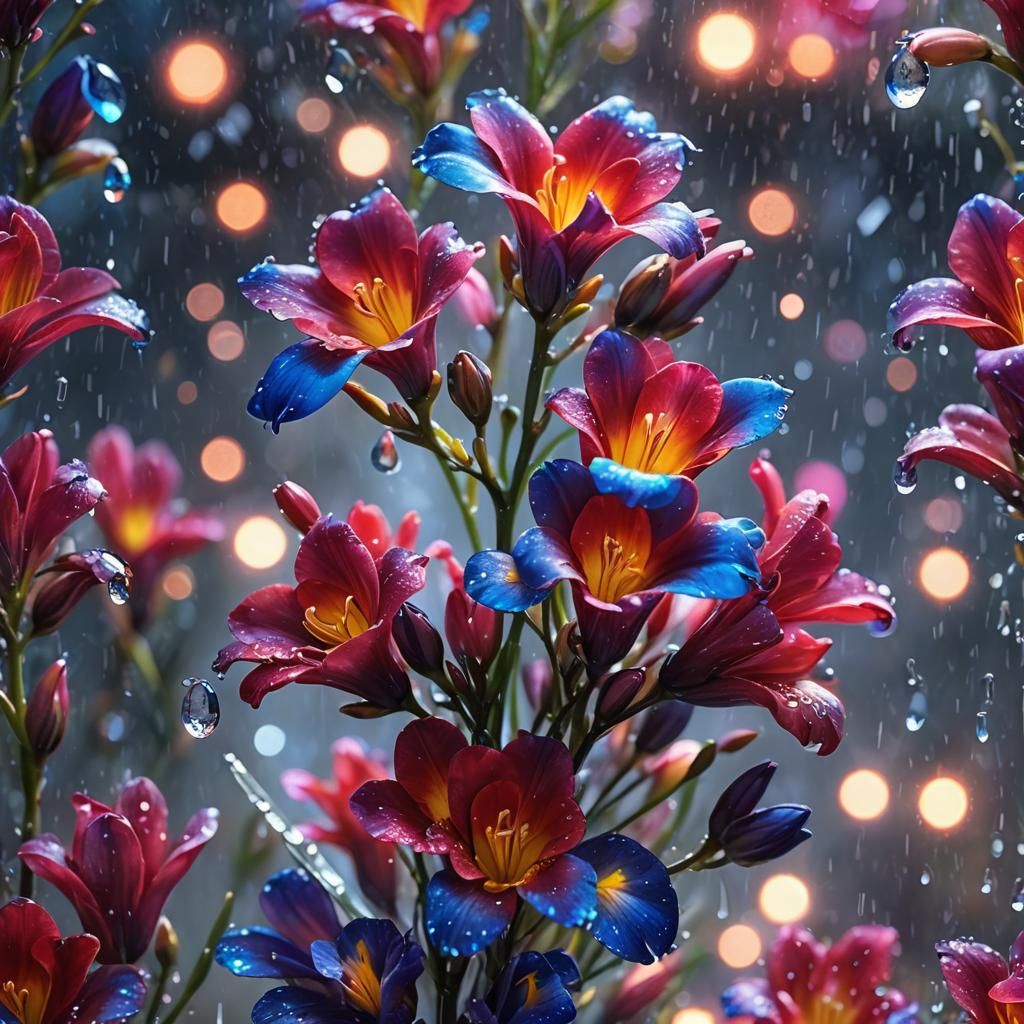 Glowing Freesia Flower with Raindrops in Digital Art