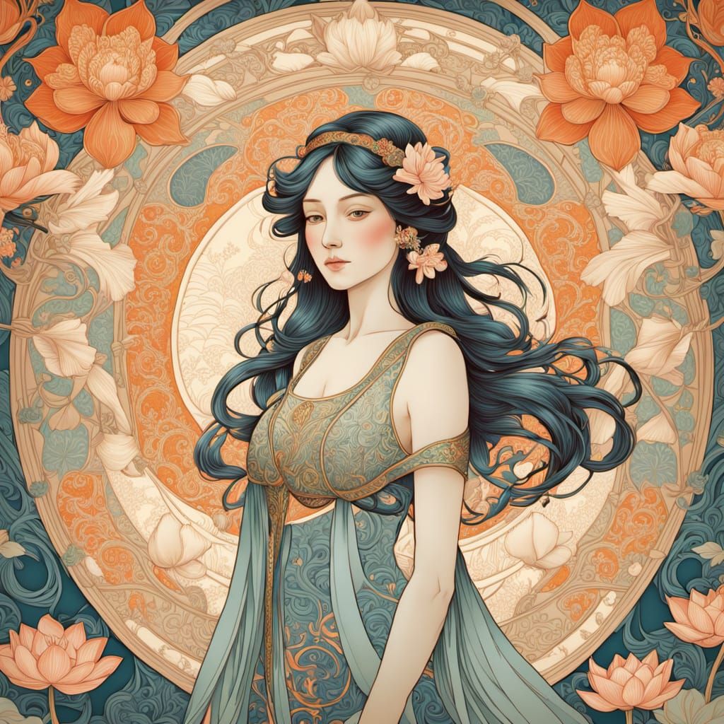 Surreal Japanese Garden Blooms in Whimsical Art Nouveau Mang...