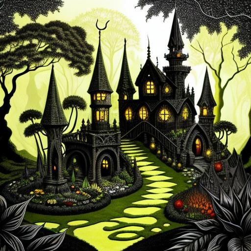 Magical Botanical Garden in Black Ink and Color