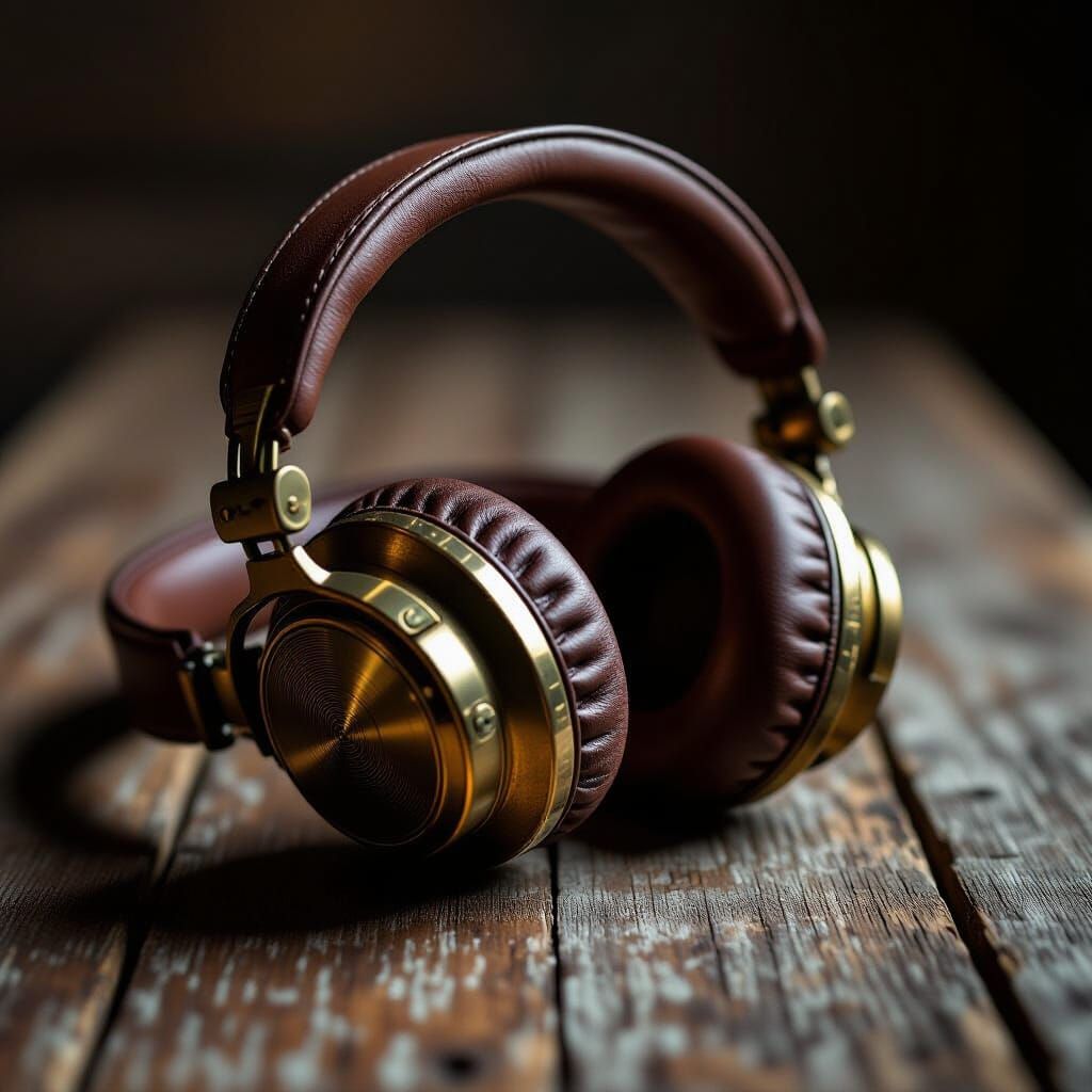 Hyperrealistic Vintage Headphones on Weathered Wood Surface