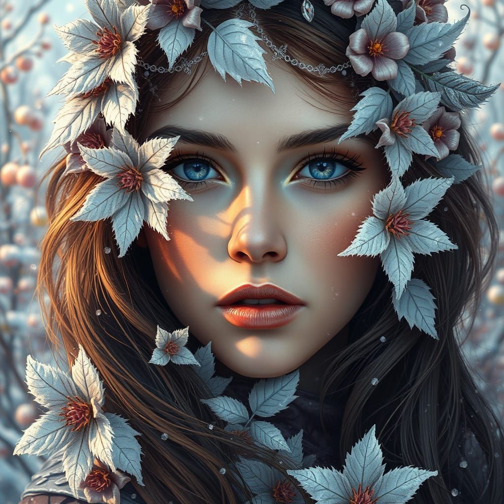 Hyperrealistic Woman in Snowy Garden, Floral Filigree and Fr...