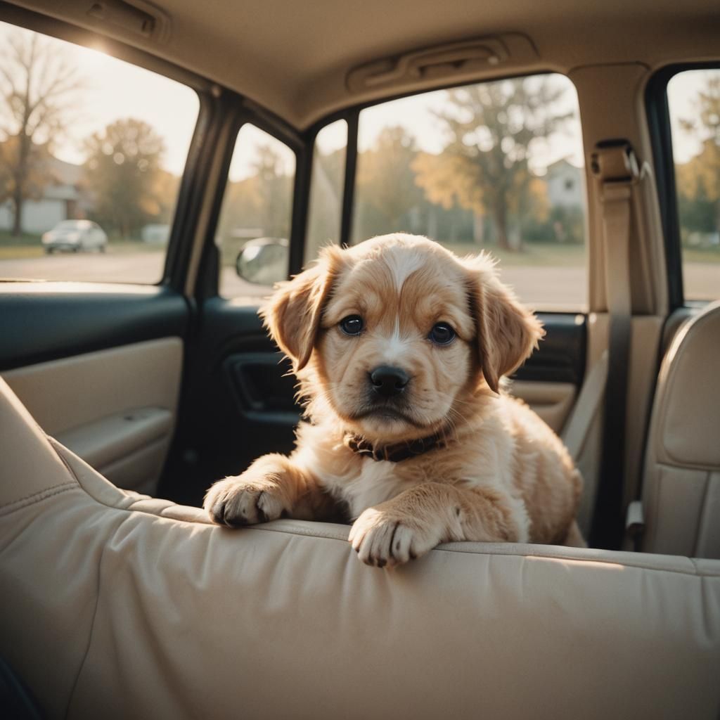 Puppy in Car: Cinematic Film Still