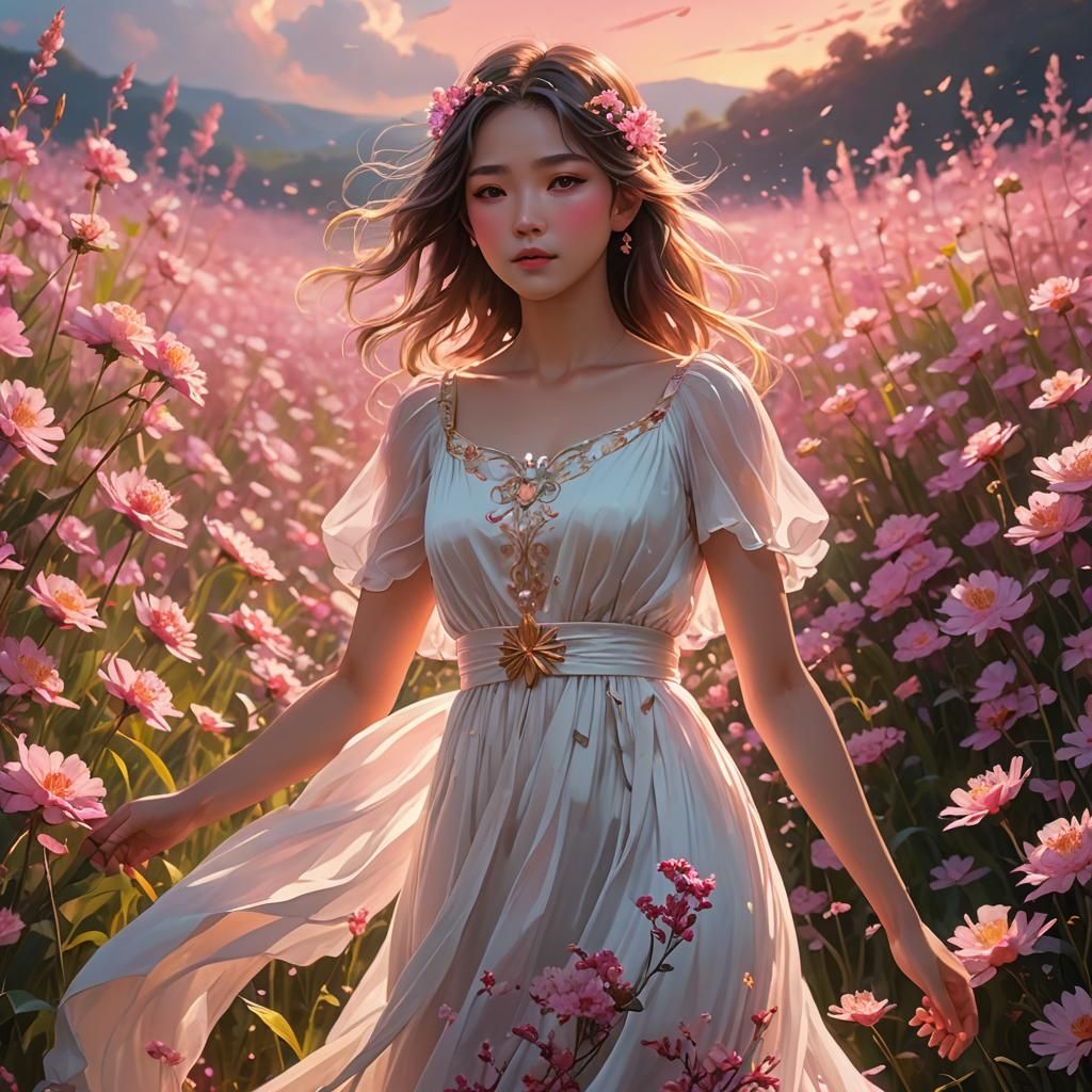 Anime Woman in Dreamy Pink Flower Field