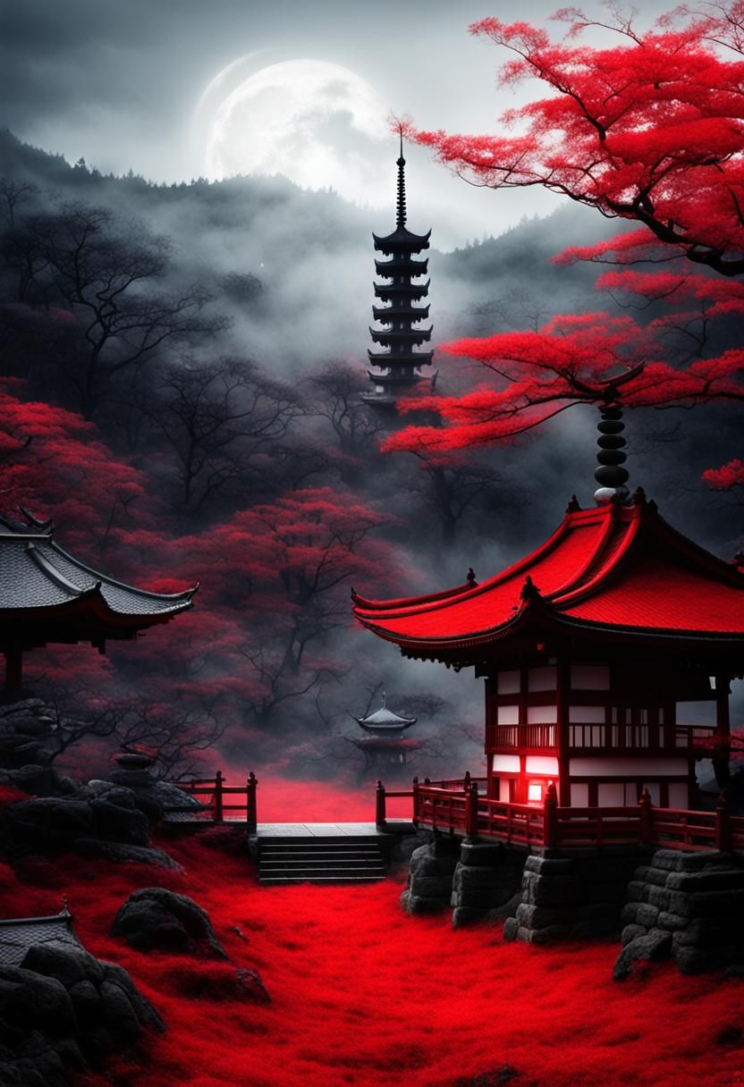 Red Forest Pagoda in Mist: Ultra High Definition