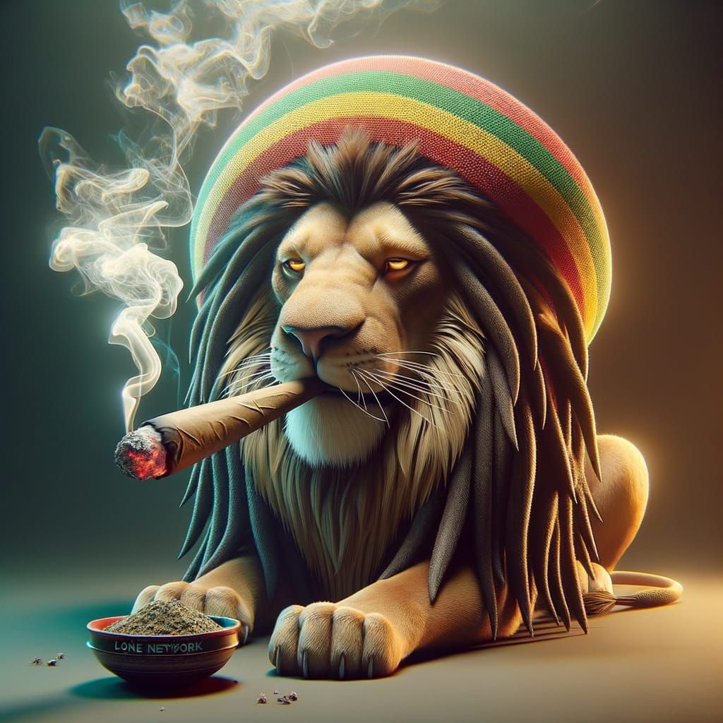 Reggae Lion Smokes Blunt Under Electric Storm