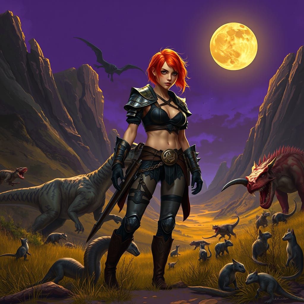 Ginger Woman with Cat in Prehistoric Valley with Dinosaurs