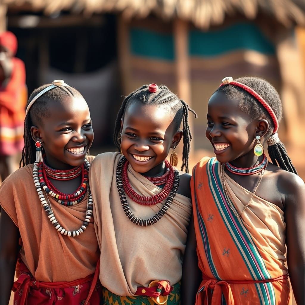Himba Girls Play in Traditional Village Setting
