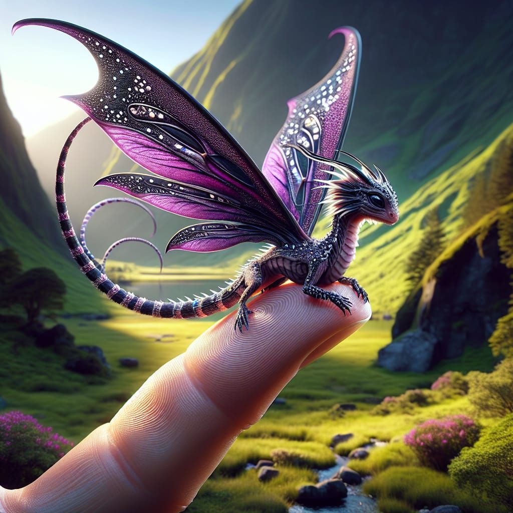 Miniature Dragon Fairy on Finger in Detailed Matte Painting