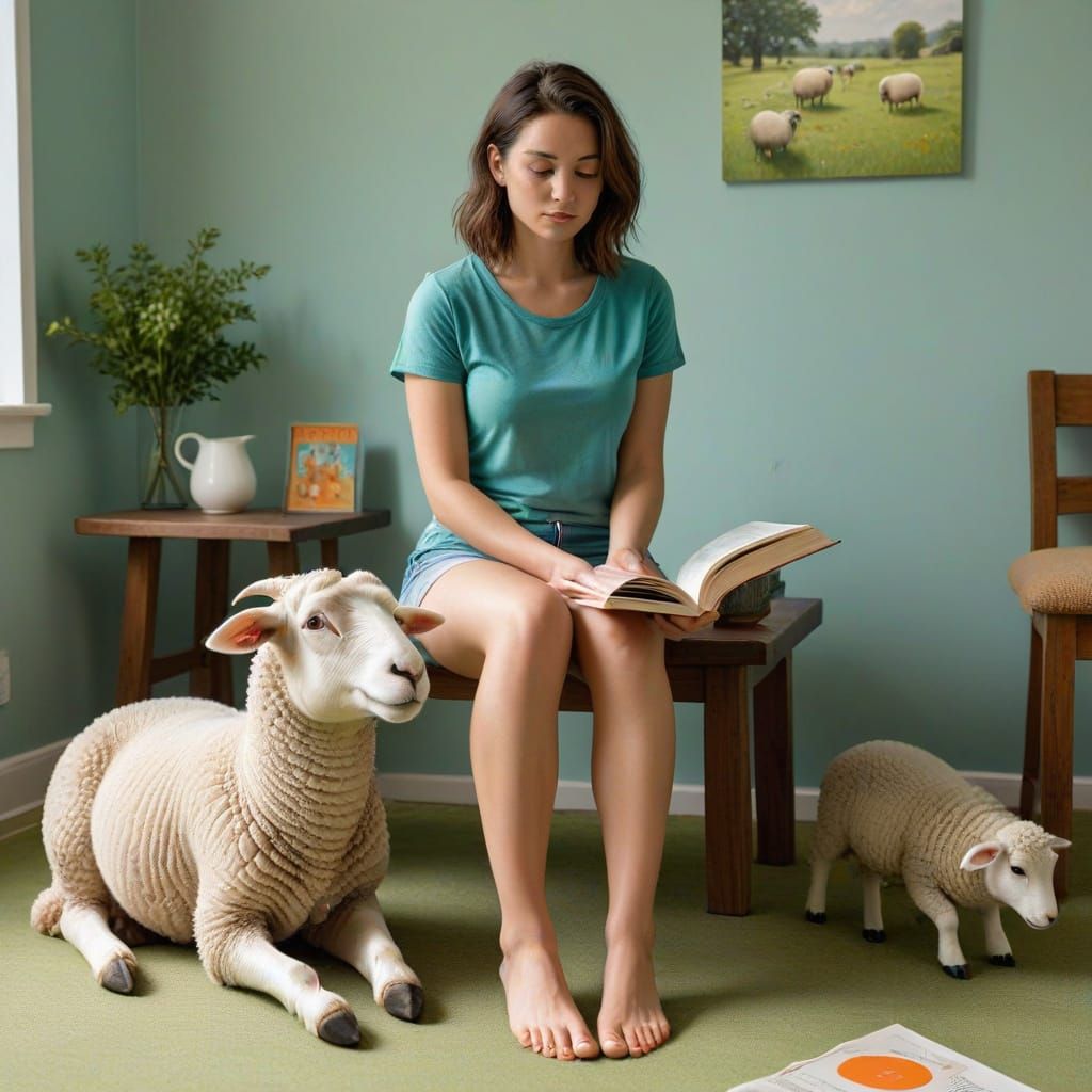 Woman Reads to 3D Sheep Illustration