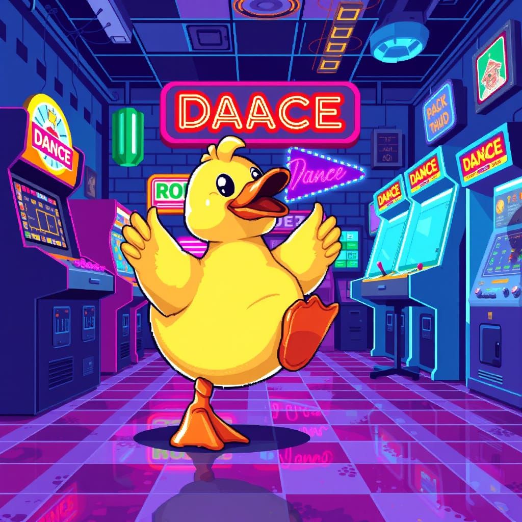 Pixel Art Rubber Duck Dancing in Retro Arcade