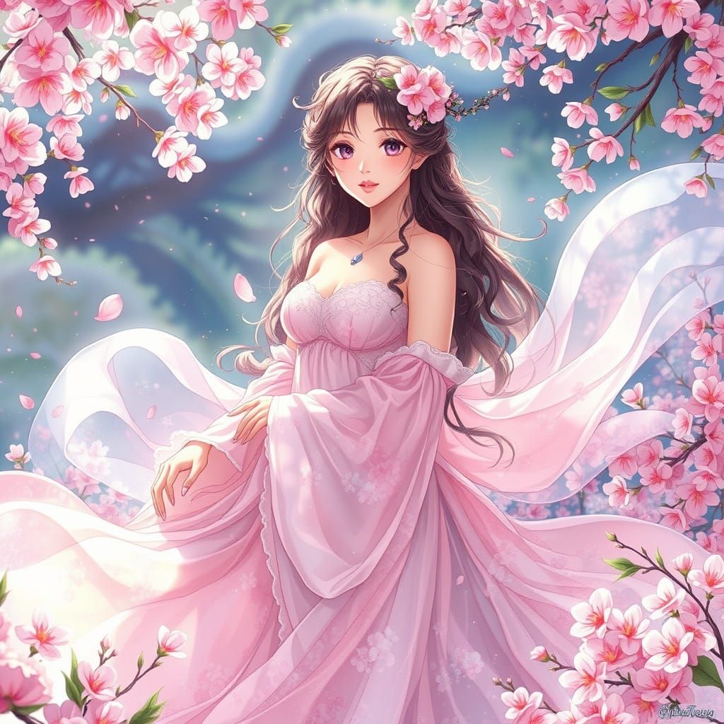 Ethereal Anime Flower Goddess in Whimsical Garden