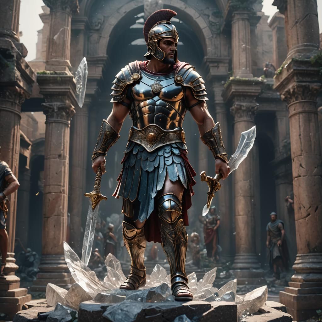 Crystal Roman Gladiator Statue in Detailed Matte Painting