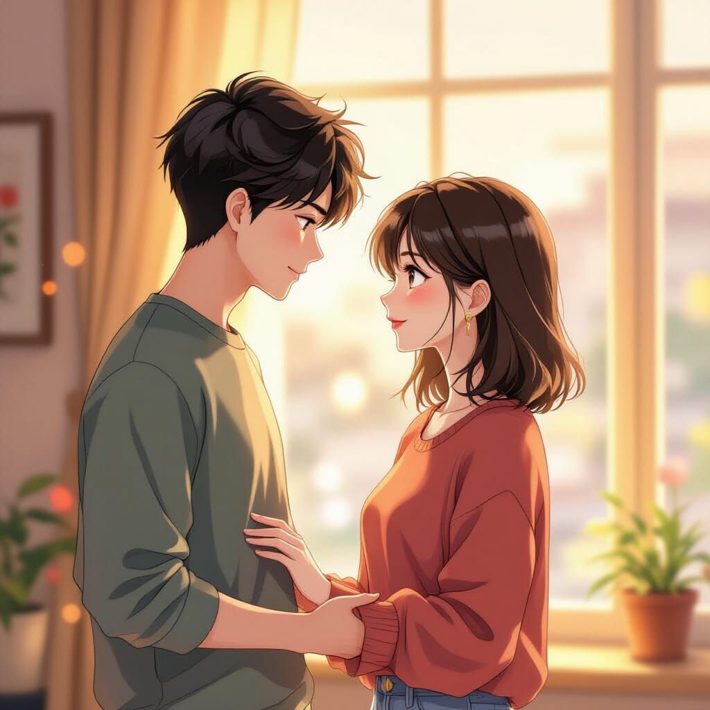Anime Couple's Hands Brush in Romantic Sunlight