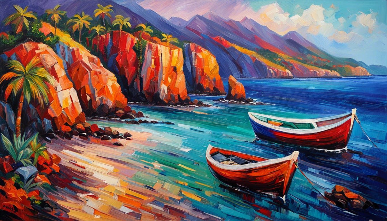 Coastal Paradise: Neo-Impressionist Oil Painting