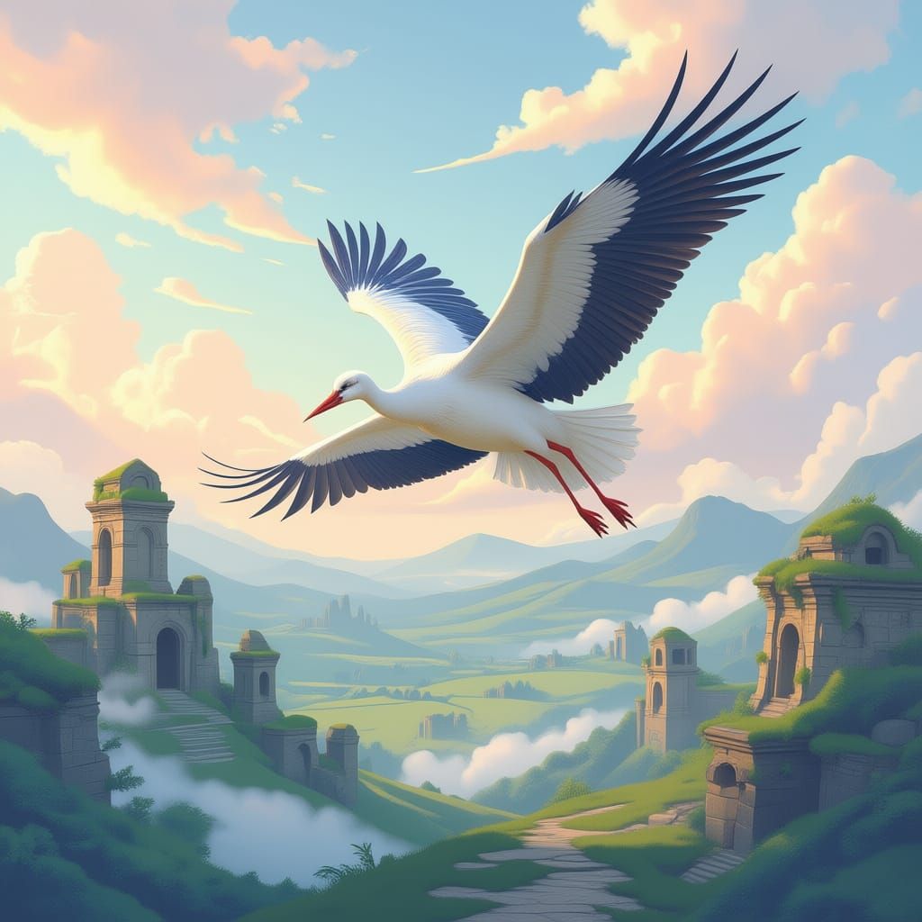 Stork Carries Fox Cub Over Dreamlike Landscape