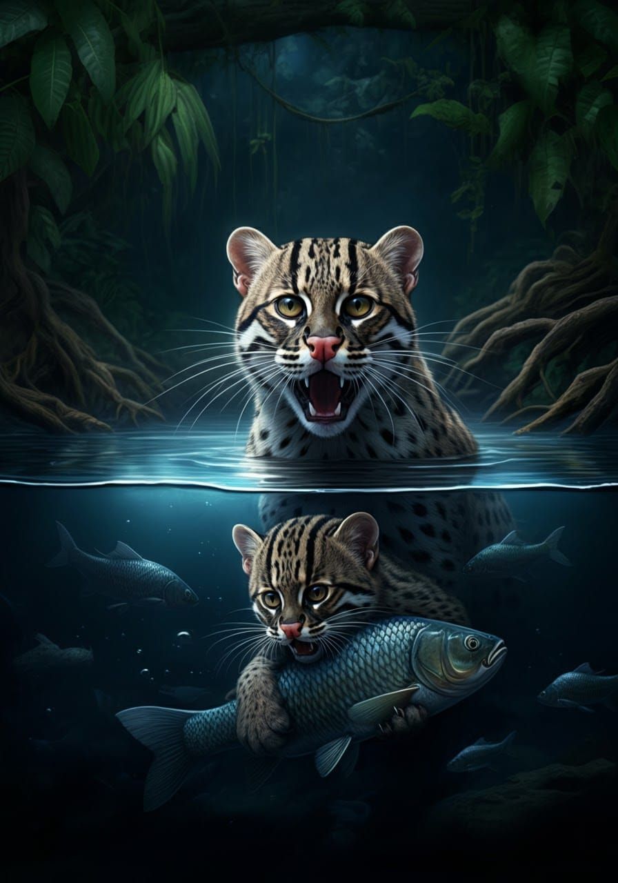 Asian "Fishing Cat" with her cub - The great catch