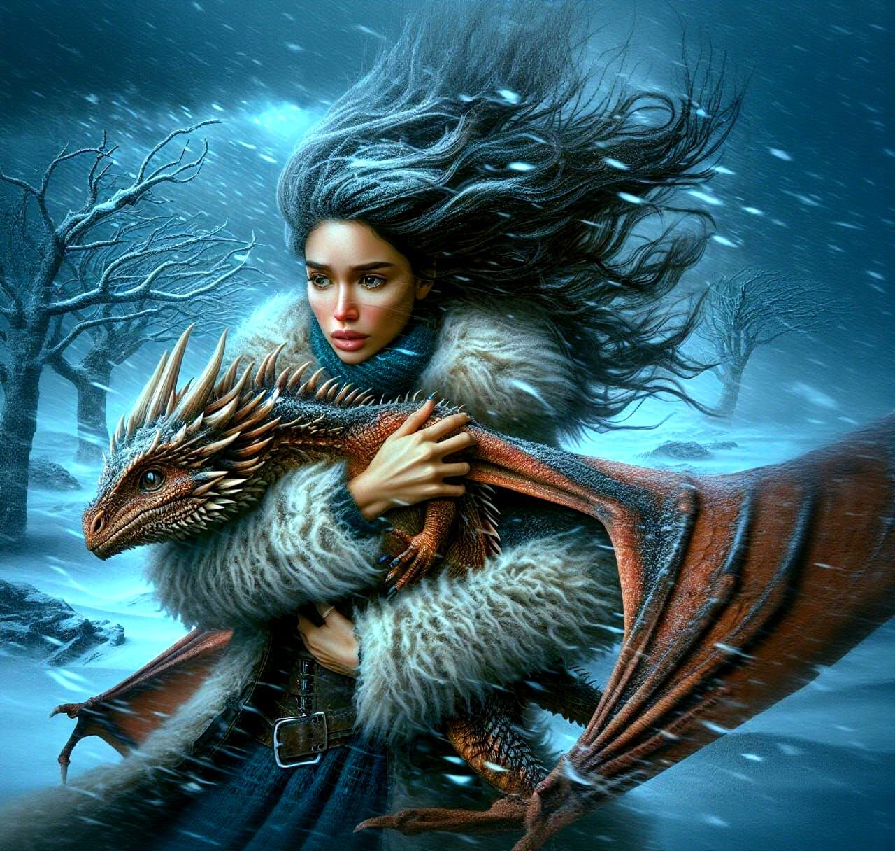 Elegant Hispanic Woman Battles Snowstorm with Baby Dragon