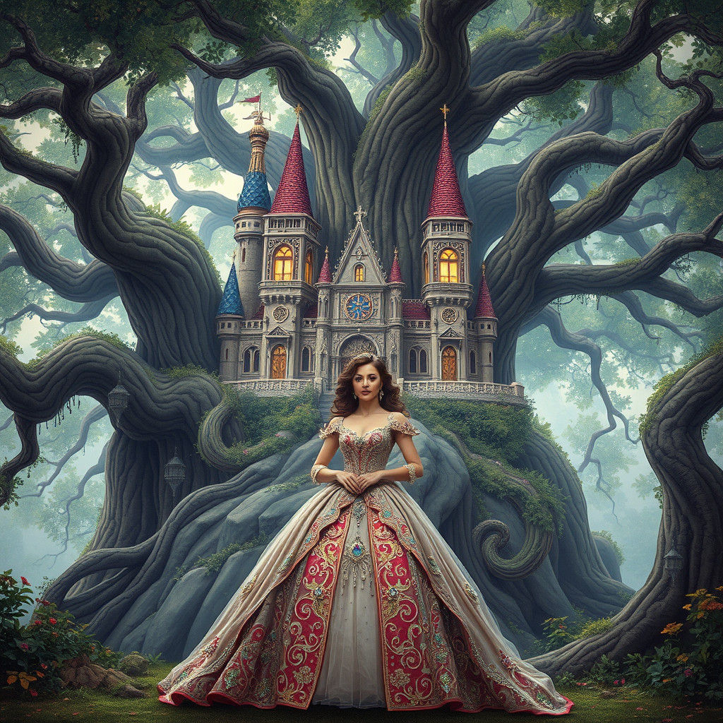 Gemstone Woman and Tree Castle, in Dreamlike Fantasy Style