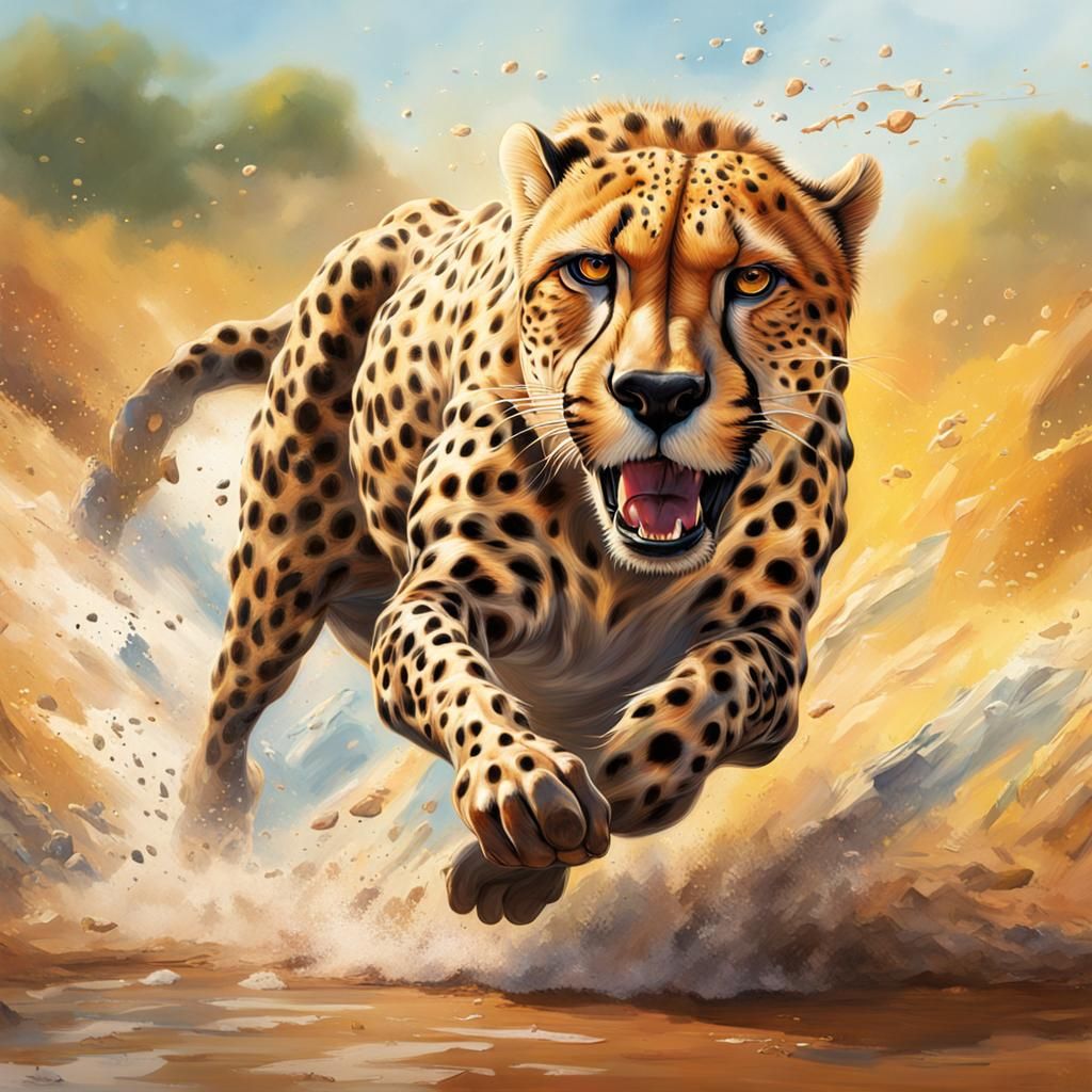 Cheetah Chasing Hippo in Hyperrealistic Splash Art