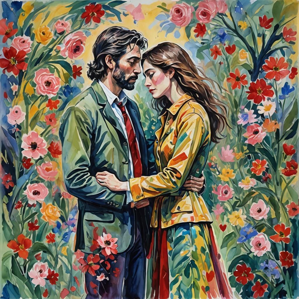 Impressionist Gouache Painting of a Love Triangle