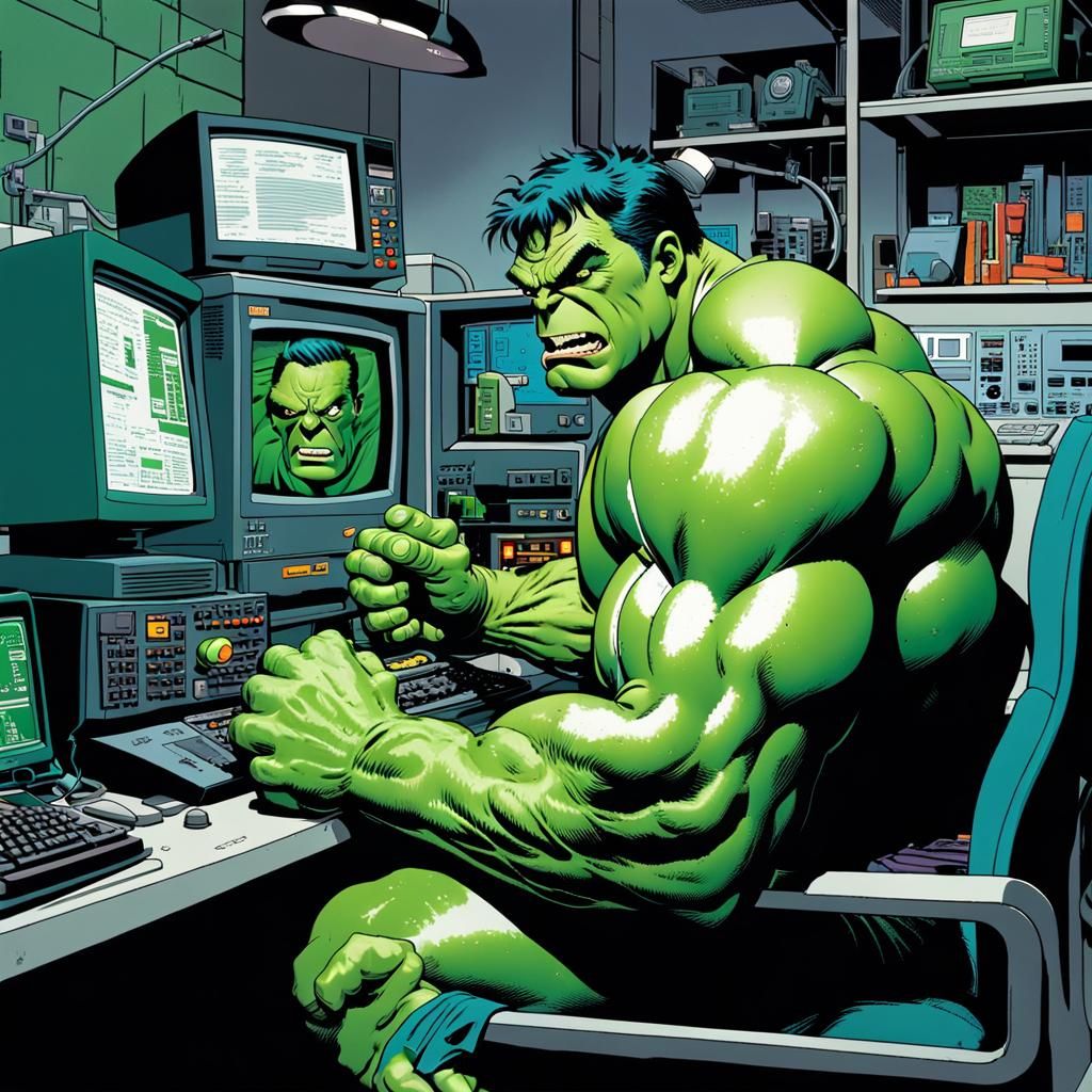Hulk's Tech Troubles in Comic Book Style