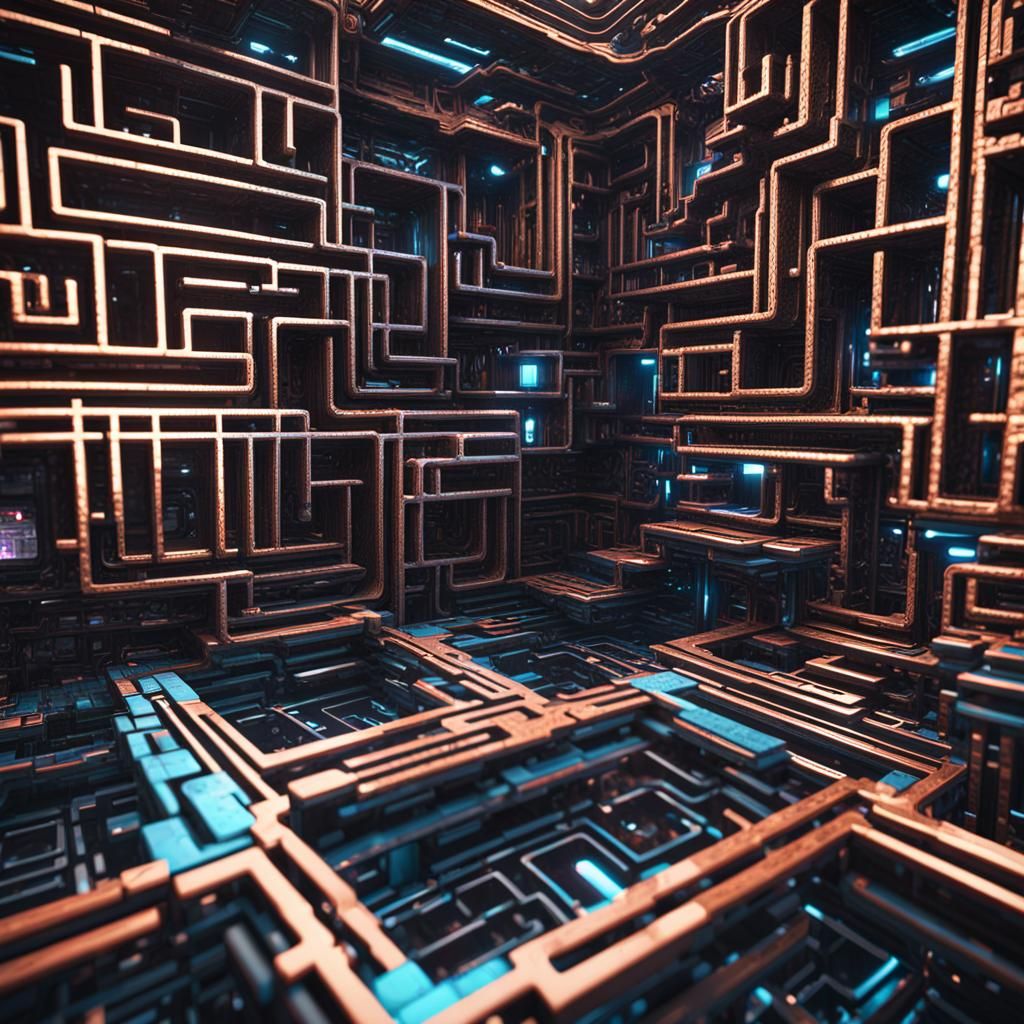 Psychedelic Maze of Granite Blocks in Sci-Fi Style