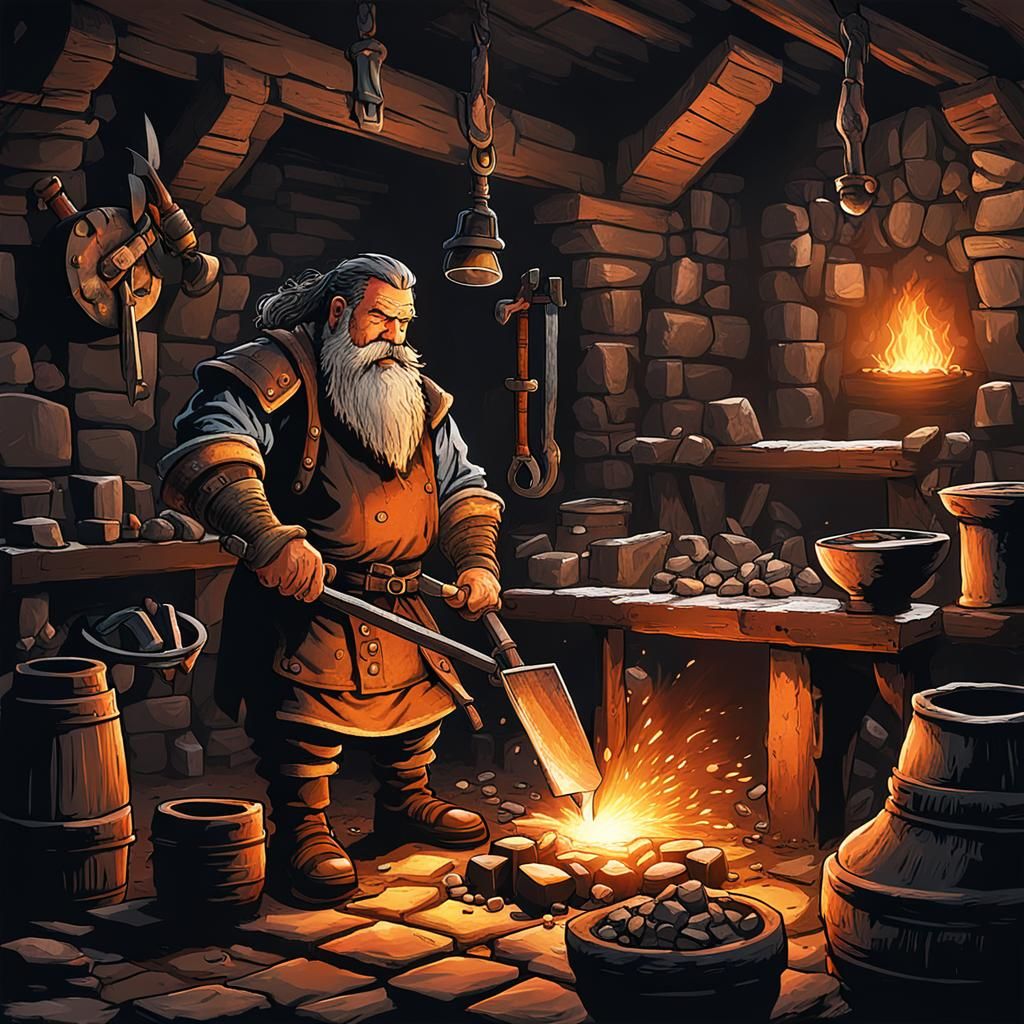 Dwarven Blacksmith Forging Steel in a Hot Forge