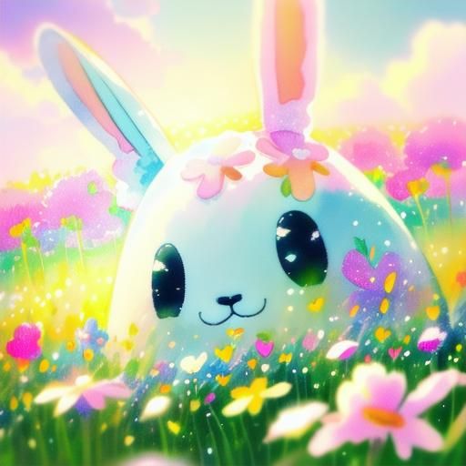 Big-Eyed Rabbit with Heart in Watercolor Field