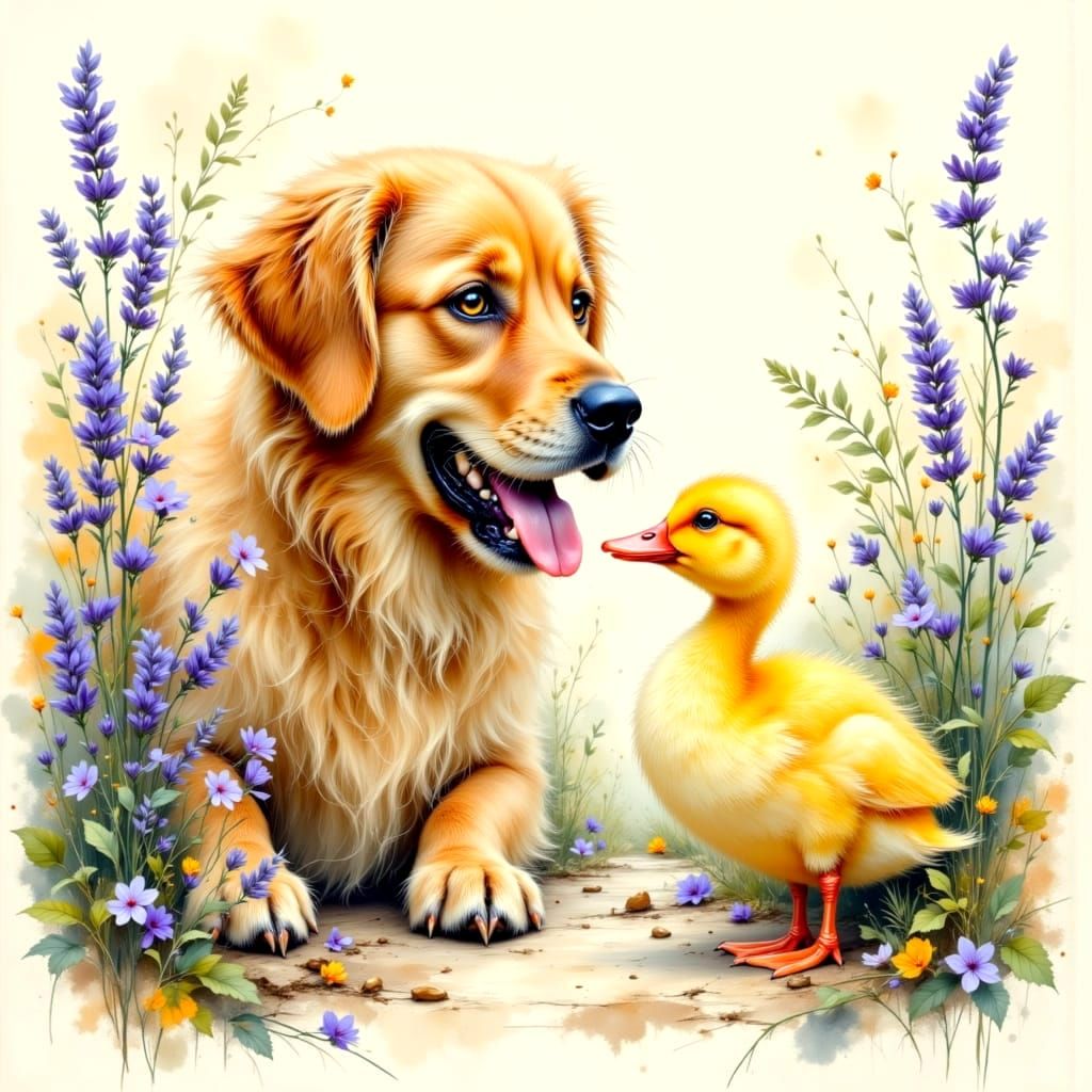Golden Retriever and Duckling: Ink and Watercolor Portrait