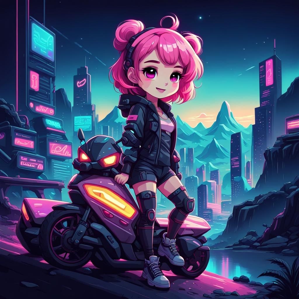 Synthwave Chibi Character with Neon Retro Graphics