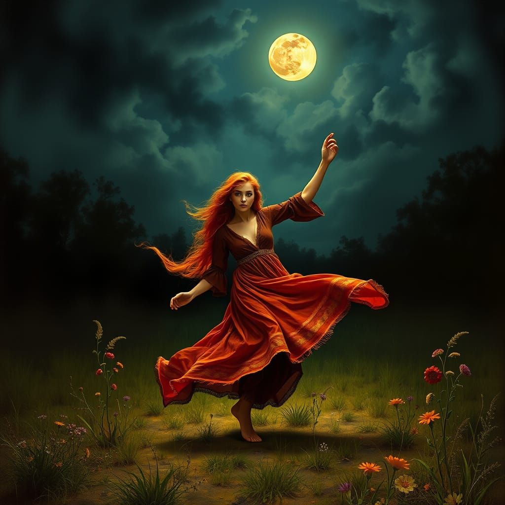 Gypsy Woman Dancing in Moonlight: Rembrandt Style