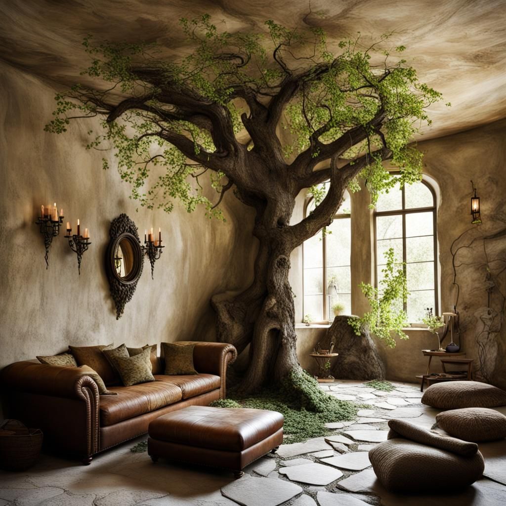 Enchanted Witchy Living Room with Indoor Tree