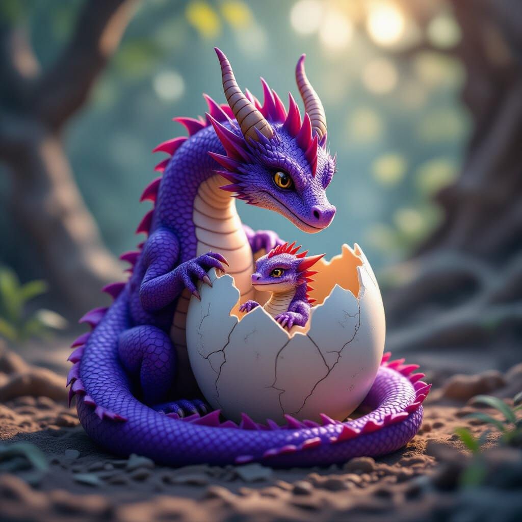 Majestic Purple Dragon Guards Baby Dragon Emerging from Egg