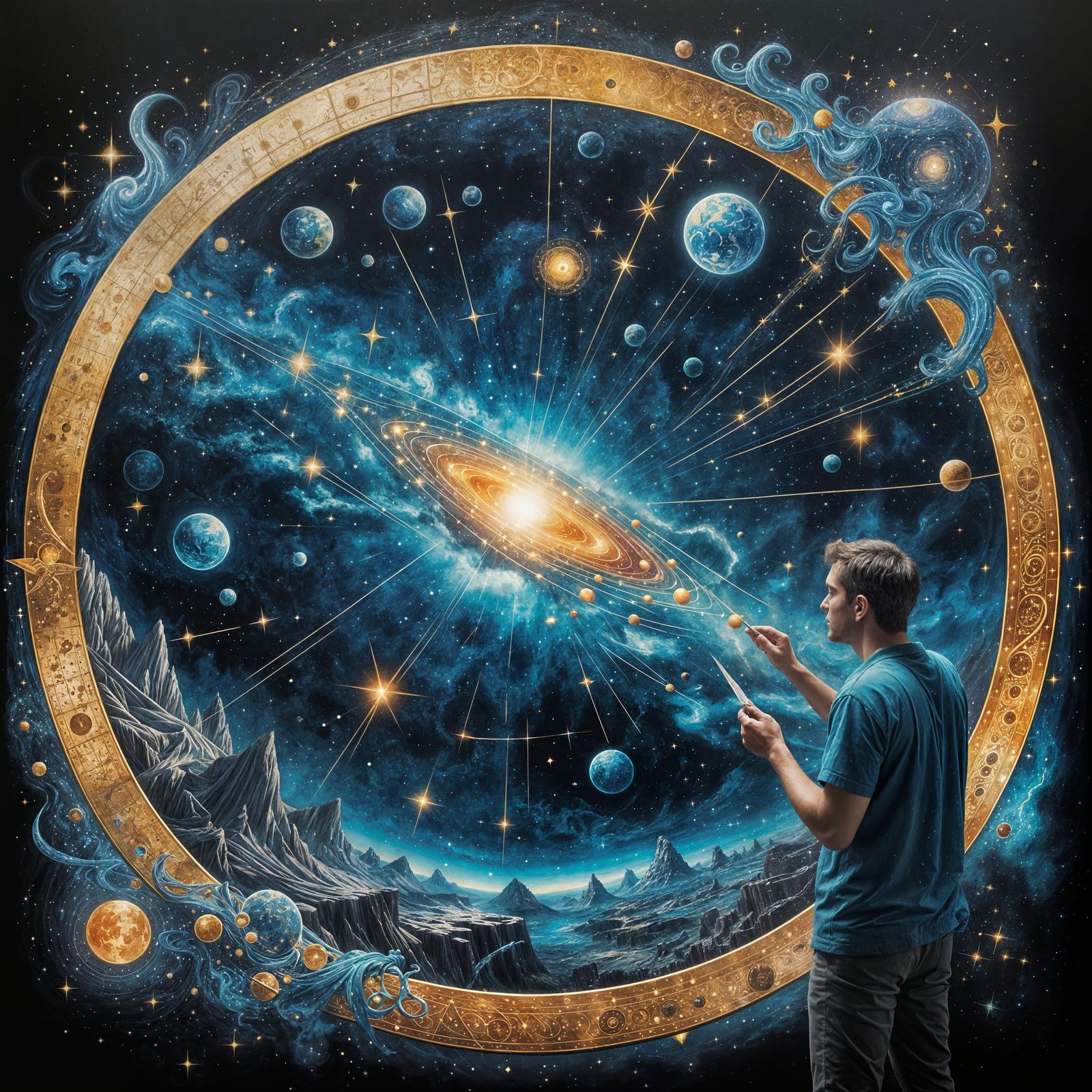 Celestial Cartographer Mapping Stars on Floating Parchment