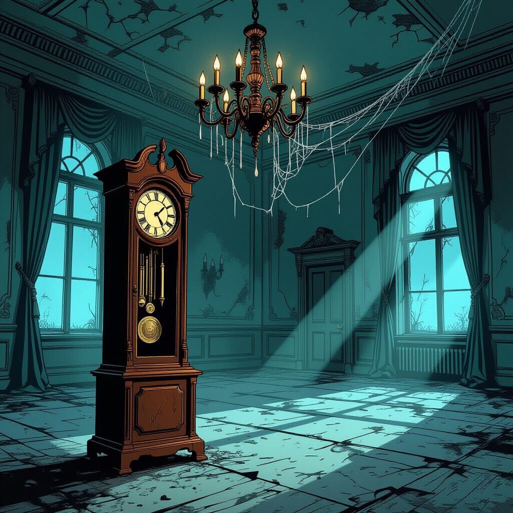 Antique Clock in Abandoned Ballroom Graphic Novel Style