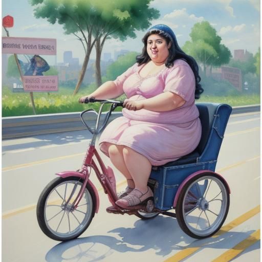 Woman on Tricycle: Impressionist Gouache Painting