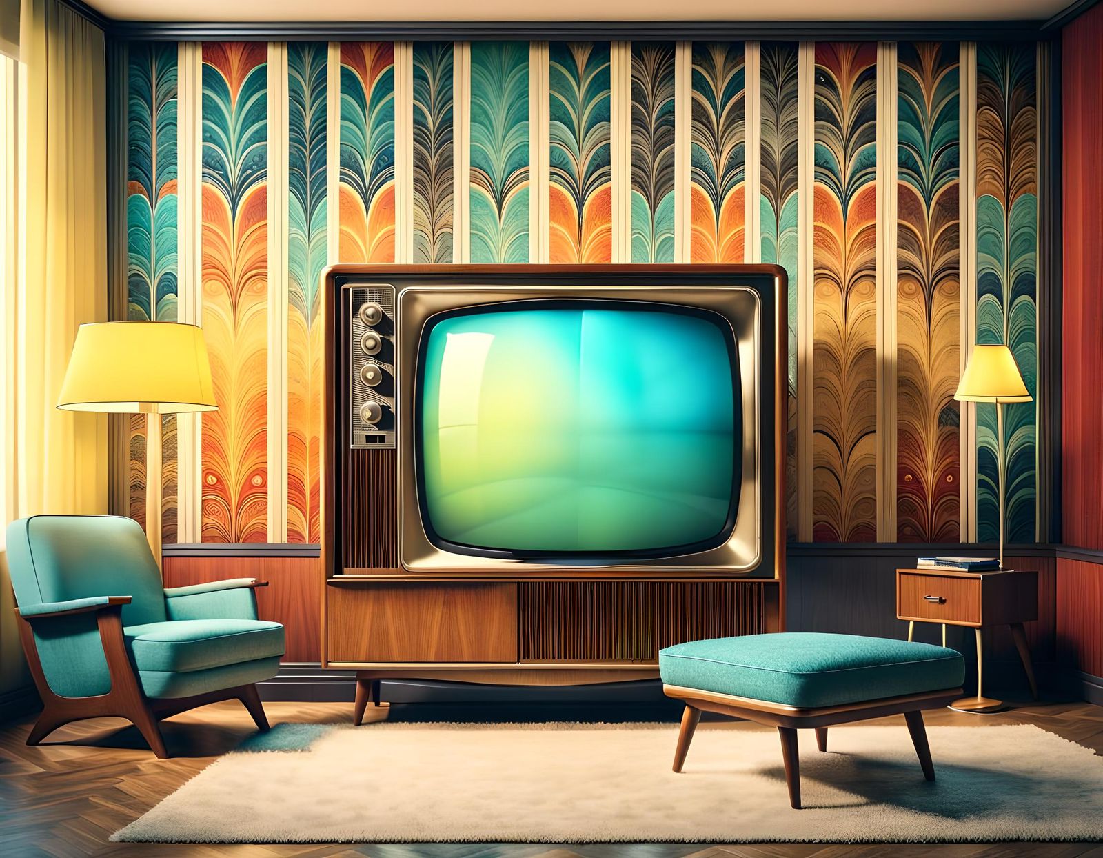 Vintage TV in '60s Room with Art Deco Wallpaper