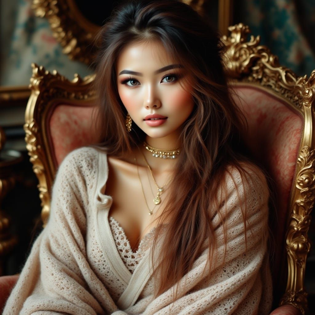 Mongolian Beauty in Antique Watercolor Portrait