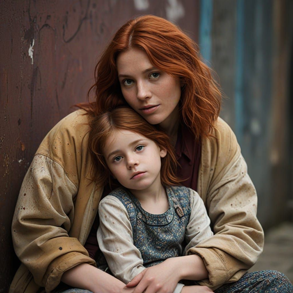 Mother and Daughter Embracing in Street Art-Inspired Setting