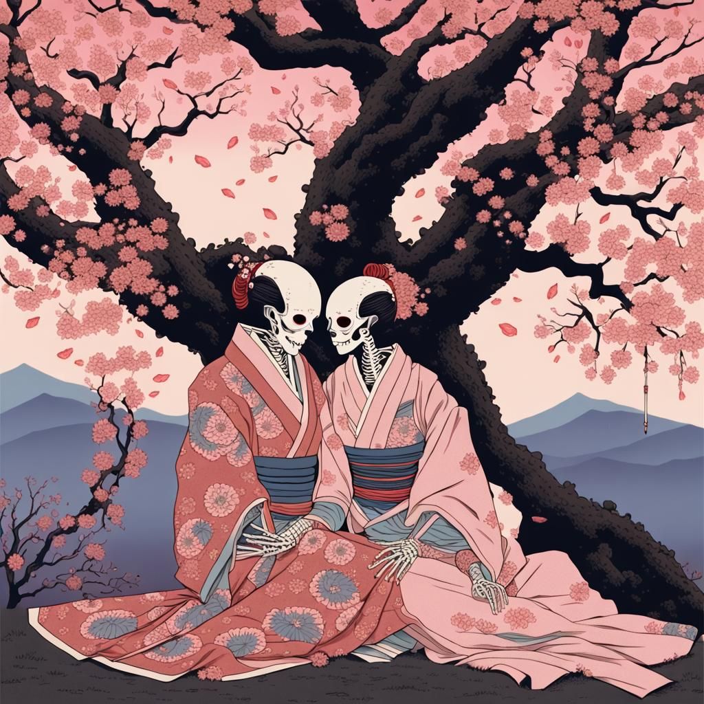 Skeletal Couple Cuddling in Ukiyo-e Style