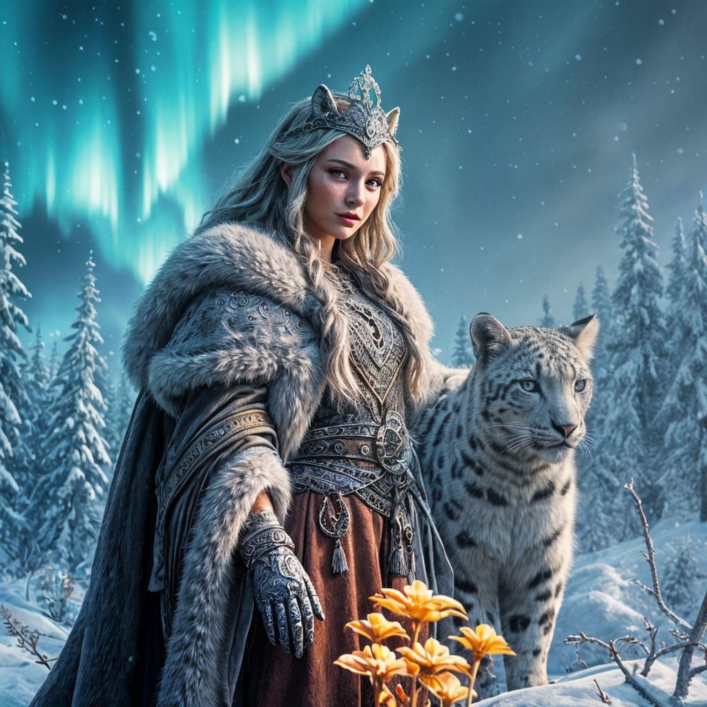 Nordic Snow Leopard Goddess in Vibrant Fantasy Landscape
