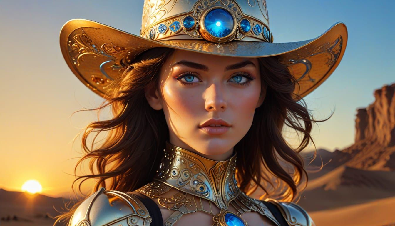 Android Cowgirl in Desert: Surreal Art Nouveau Portrait