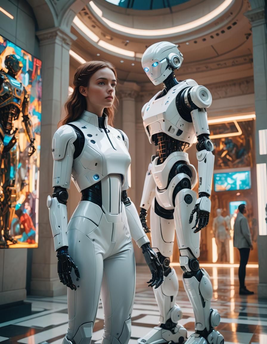 Girl and Robot Discovering Art in Futuristic Museum