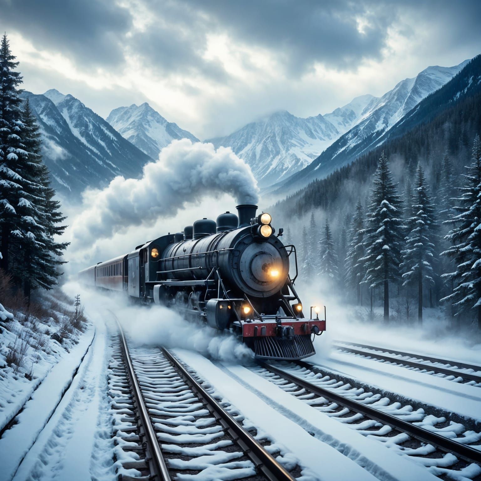 Train Chugs Through Snowy Blizzard in Cinematic Hyperrealism
