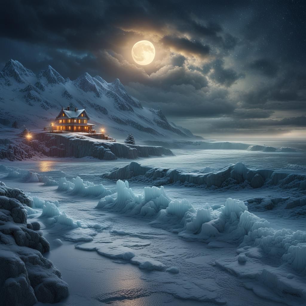 Stormy Winter Landscape with Cosmic Sky